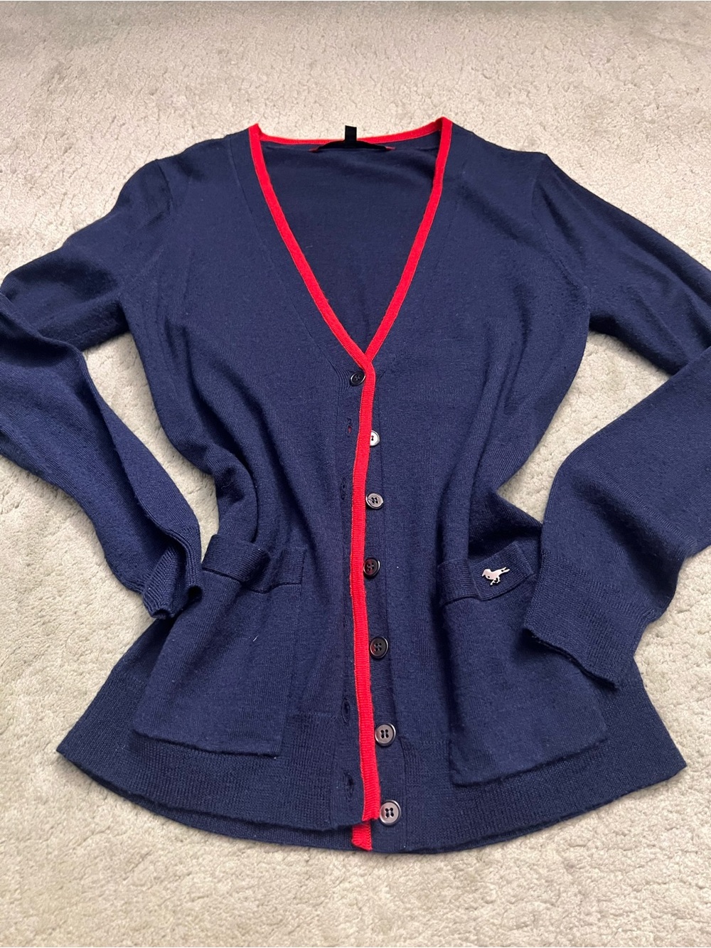 Modern Amusement Navy Cardigan with Red Trim, 100% Wool